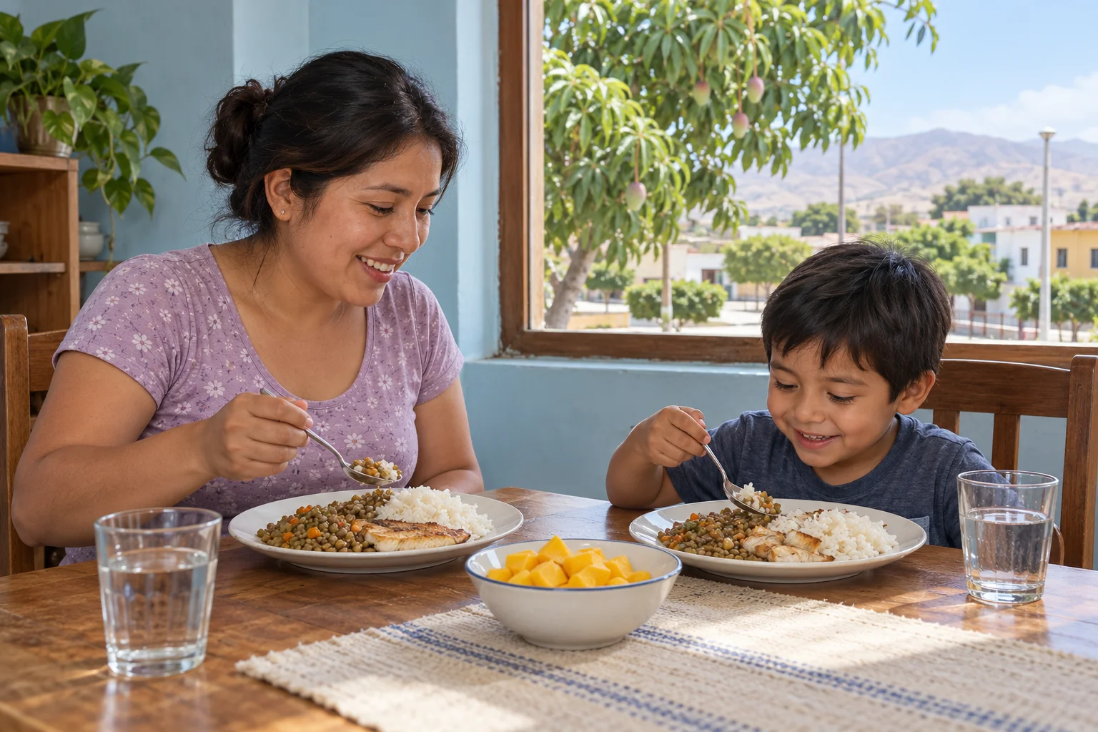 Escena generada con IA: una madre y su hijo comparten un almuerzo en una casa inspirada en Casma